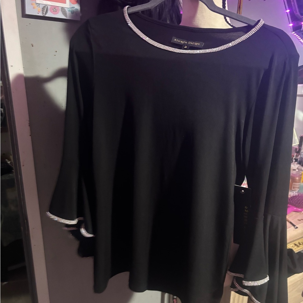 NWT Always Indigo Elegant Black Top with Silver Rhinestone Accents